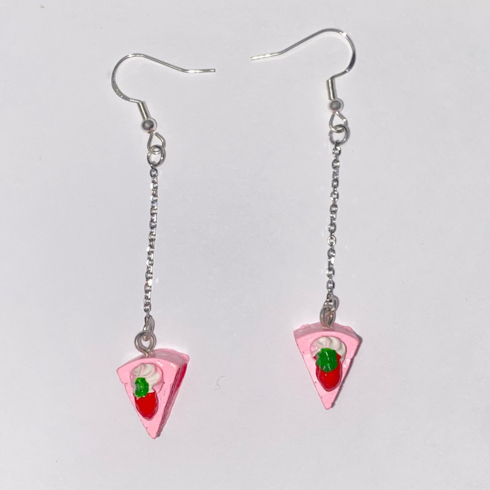 Pink Strawberry Cake Slice Dangle Earrings